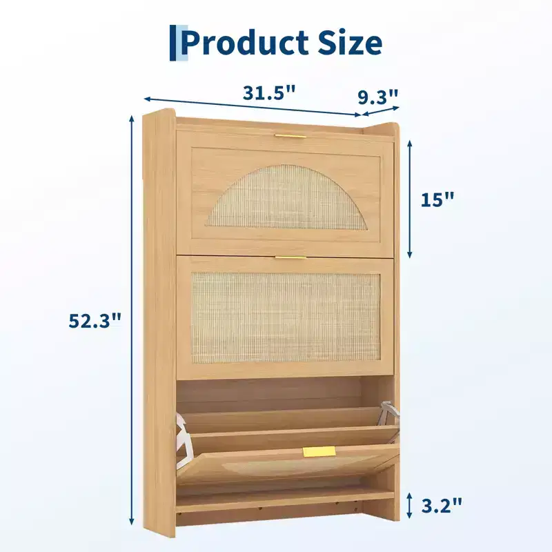 Rattan Shoe Storage Cabinet with 3 Flip Drawers, Free Standing Wooden Shoe Storage Organizer Cabinet