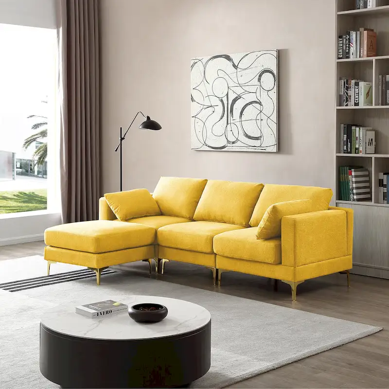 Christopher Knight Home - Beige L-Shape Sectional Sofa with Gold Metal Legs and Ottoman