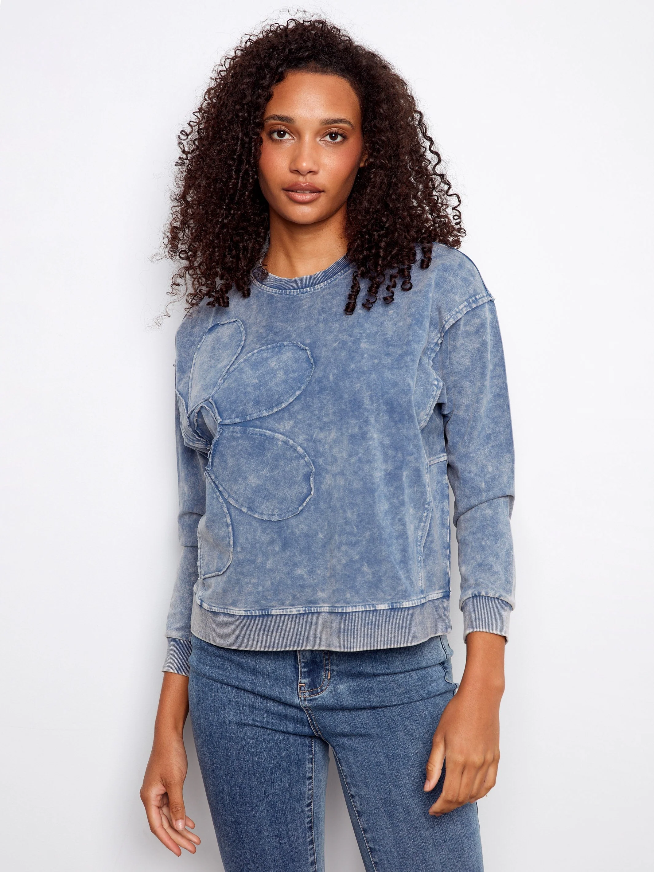 Long Sleeve Top With Flower Appliqué - Denim