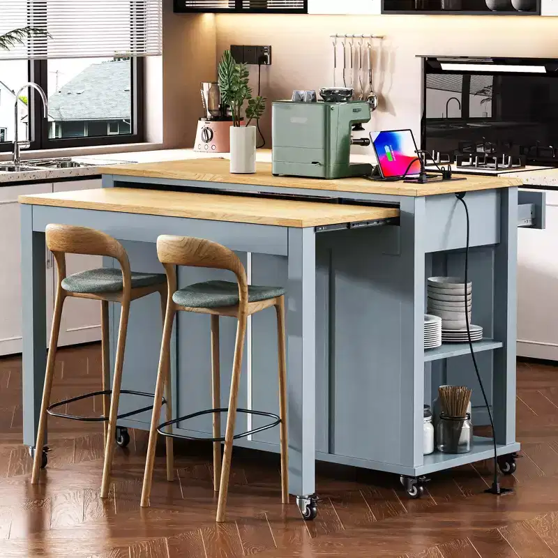 47 Kitchen Island with Extendable Dining Table Rubber Wood Veneer Kitchen Table with Storage Rack & Power Outlet & 2 Drawers 2 Cabinet Blue