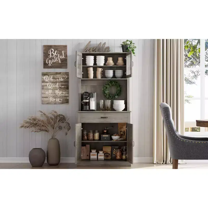 COZONY 70 Tall Kitchen Pantry Cabinet with Microwave Stand&Coffee Bar Wooden Freestanding Hutch with 4 Doors & Adjustable Shelves for Dining Room