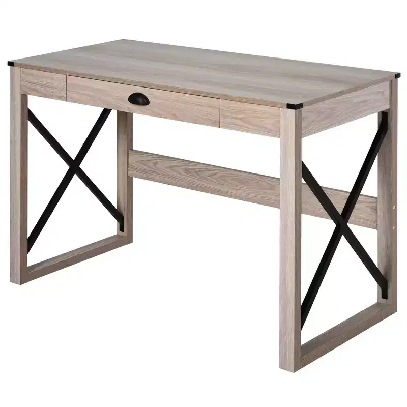 Home Office Computer Desk, Rustic Writing Desk, Farmhouse Workstation with Storage Drawer, X-Frame