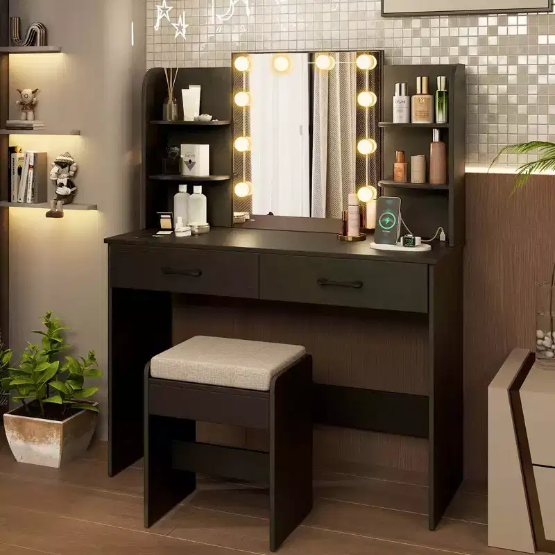 Makeup Vanity Desk with Lighted Mirror & Charging Station – 3-Color Dimmable LED, White/Black