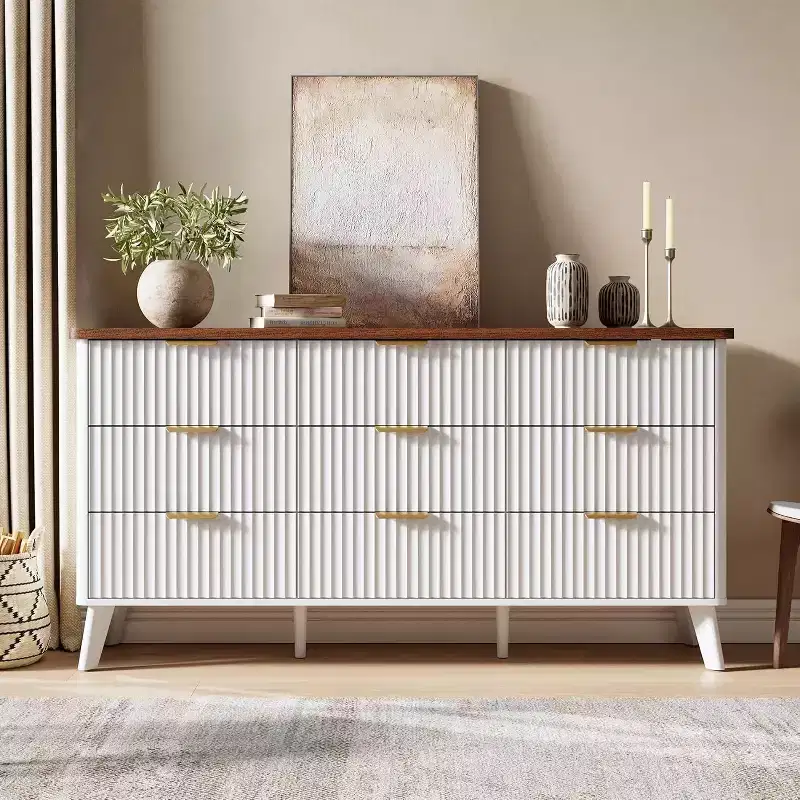 Acekool 9 Drawer Fluted Dresser 60 Wide, Modern Chest with Gold Handles, Curved Storage Organizer for Bedroom, Living Room, White