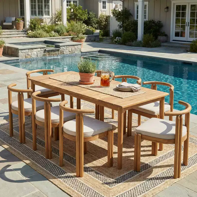 Christopher Knight Home Eleni Rustic 9 Piece Patio Acacia Wood Dining Set with Slatted Tabletop and Cushions