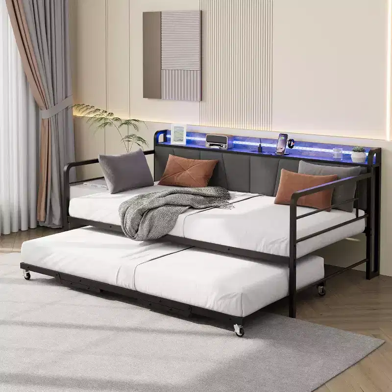 Twin Daybed with Trundle, LED Light, Charging Station & Storage Headboard, Metal Frame for Living Room, Bedroom, Guest Room