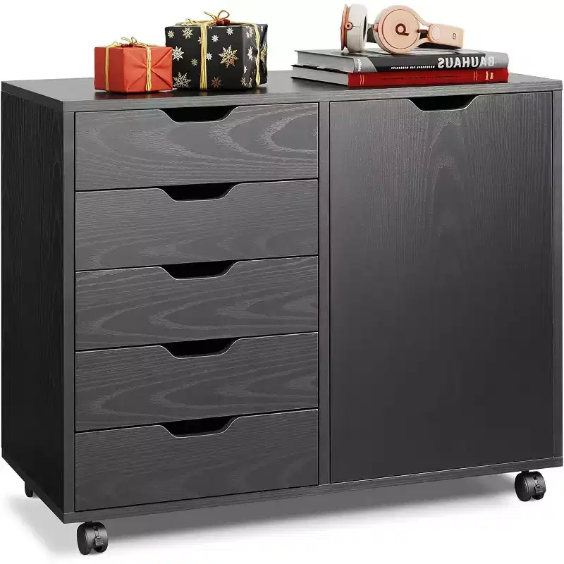 GALAXHERO Mobile File Cabinet 5-Drawer Wood Dresser Chest with Door Mobile Printer Stand for Home Office