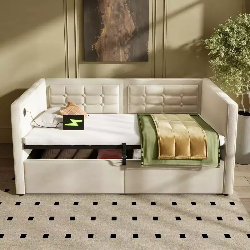 Twin Size Modern Bed Frame Sofa Bed with USB & Hidden Storage,Upholstered Tufted Daybed for Bedroom,Kids Room,Study