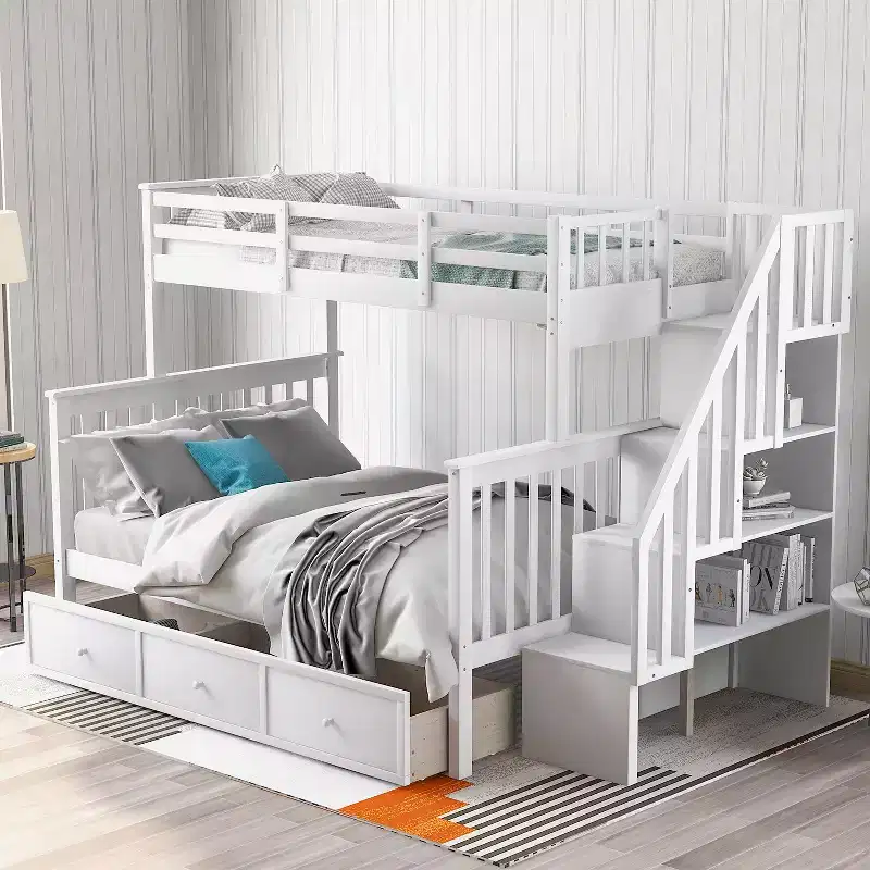 Stairway Twin-Over-Full Bunk Bed with Drawer, Storage and Guard Rail for Bedroom, Dorm, for Adults, White color