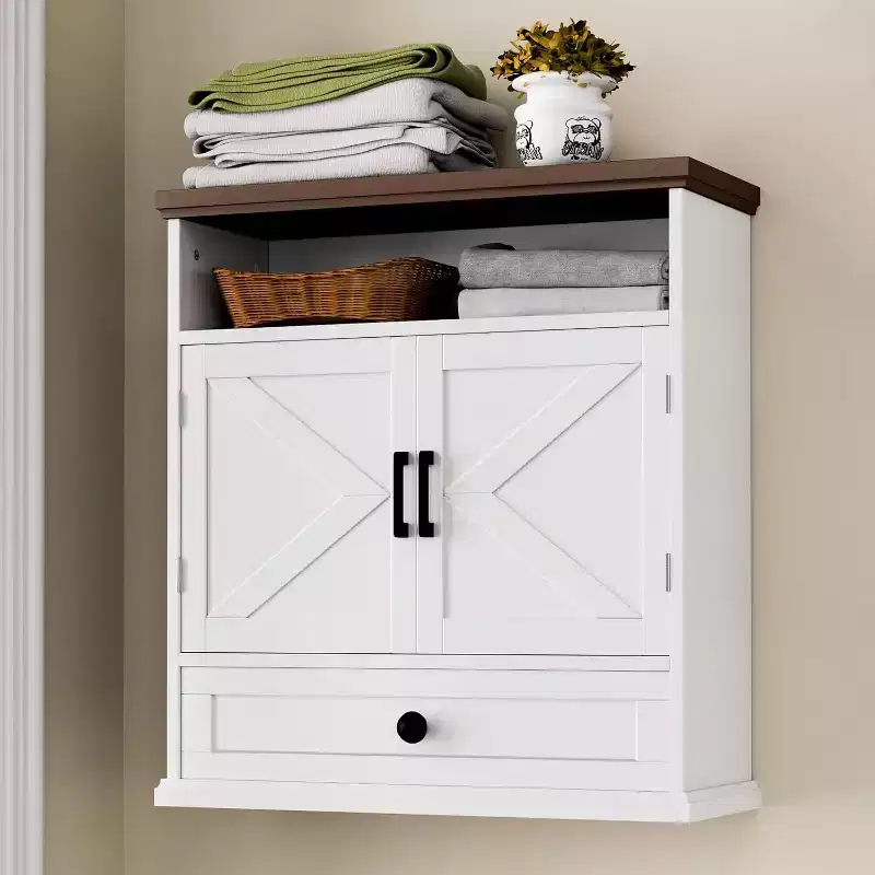 Farmhouse Bathroom Wall Cabinet with Double Barn Doors, Drawer & Adjustable Shelf, 24