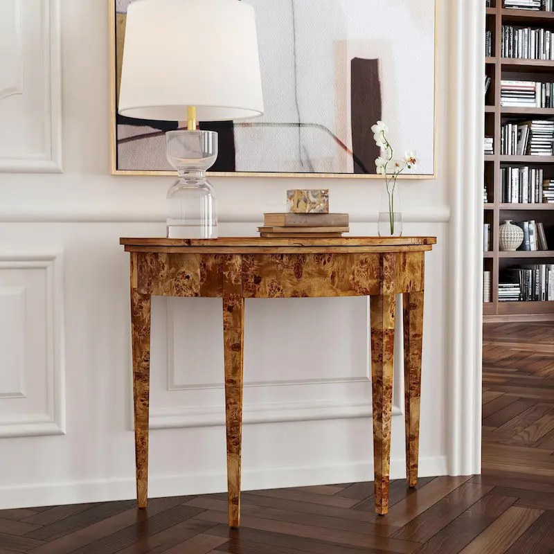 Traditional Burl / Light Burl Demilune Console Table, 4-Leg