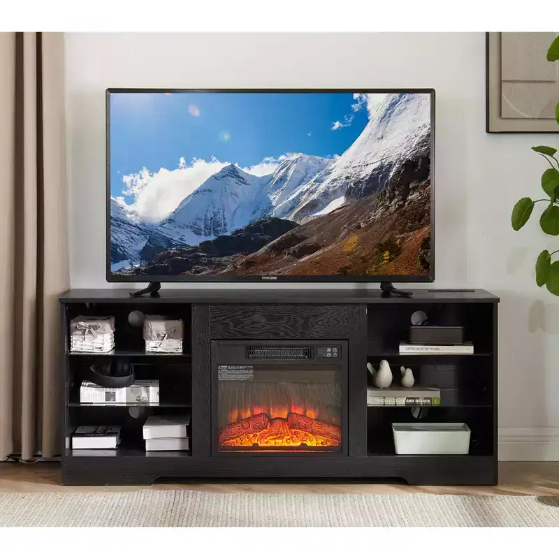 57.88-inch TV Stand with Glass Shelves, for TVs under 62 inches Lighted Wooden TV Cabinet with USB Charging Ports, Black