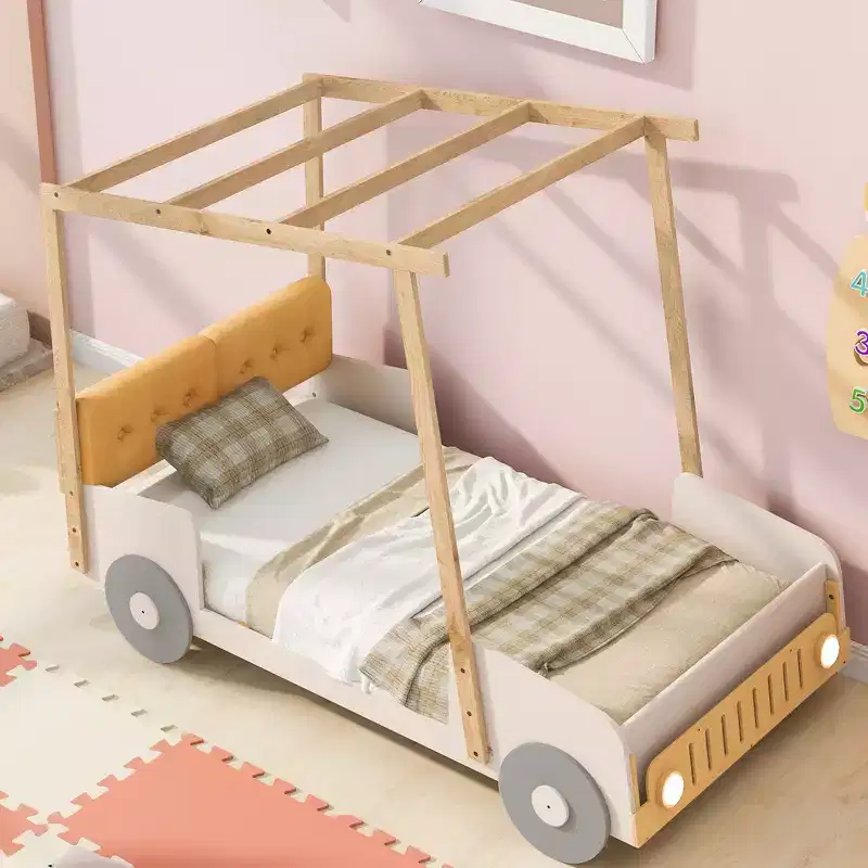 Whisen Wood Car Bed with Pillow, Ceiling Cloth and LED - Natural