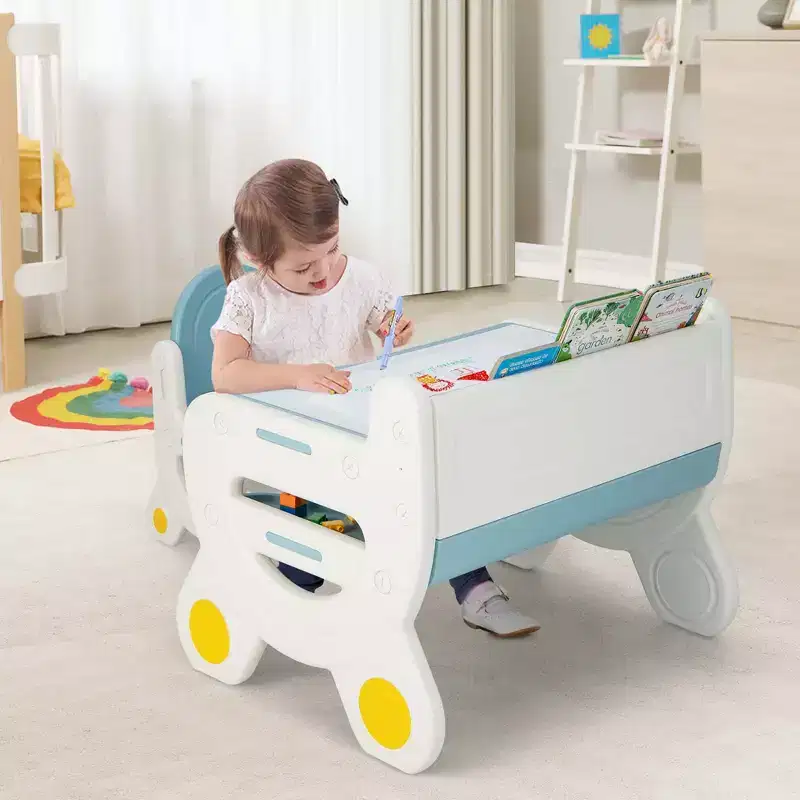 Costway Kids Drawing Table & Chair Set for Reading Playing with Pens & Blackboard Eraser Blue/Brown
