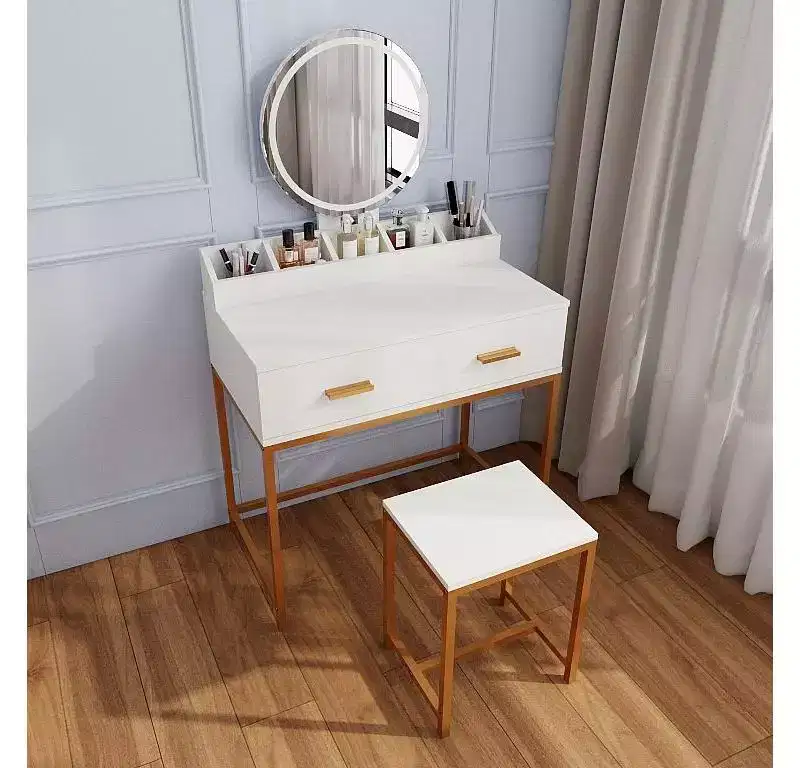 Modern Girls Vanity with Metal Legs and Round Mirror, Makeup Vanity with Cushioned Stool, Makeup Table for Small Bedroom, Ancient White