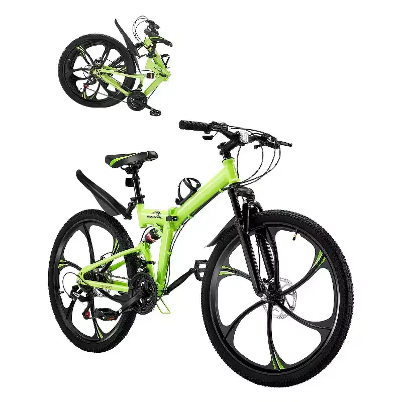 26 Folding Mountain Bike with Full Suspension, 21-Speed Drivetrain, Disc Brakes & High Carbon Steel Frame for Adult Men & Women