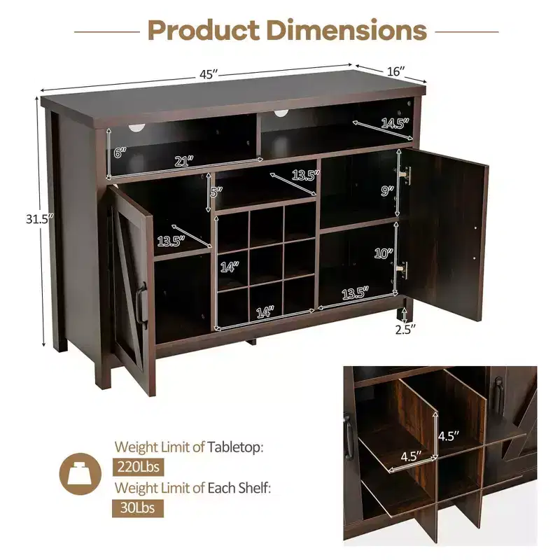 Farmhouse Buffet Storage Cabinet Sideboard with 9-Bottle Wine Rack & 2 Doors