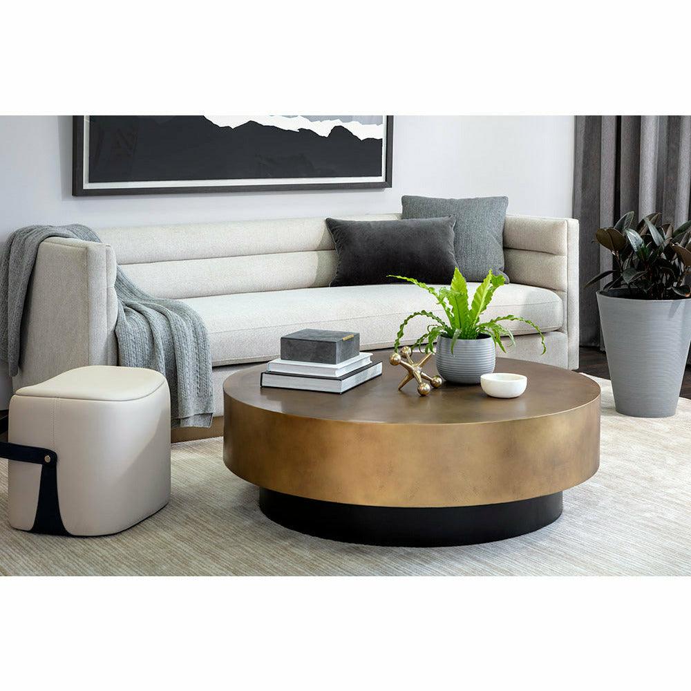 Contemporary Metal Coffee Table with Hand-Painted Antique Brass Round Top & Black Base for Living Room