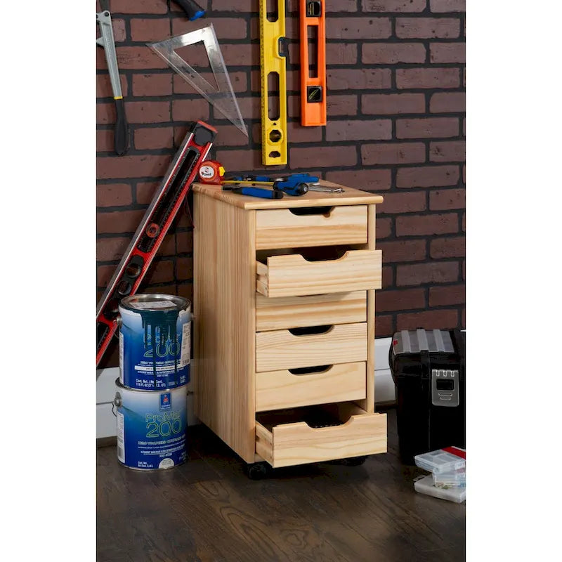 26 Natural Brown Rolling Storage Cabinet with 6 Drawer