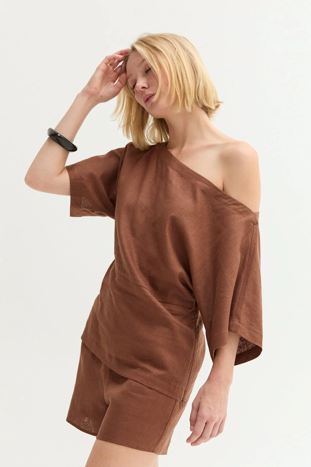 One Shoulder Linen Blend Top