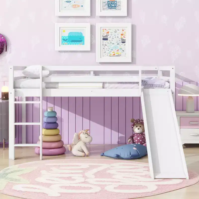 MAYEERTY Twin Low Loft Bed with Slide, Ladder, Safety Guardrails White