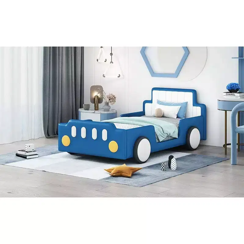Okak Twin Platform Bed Frame with Wheels Upholstered Headboard Car-Shaped Bed with Rails for Kids Strong Wood Slats Easy Assembly