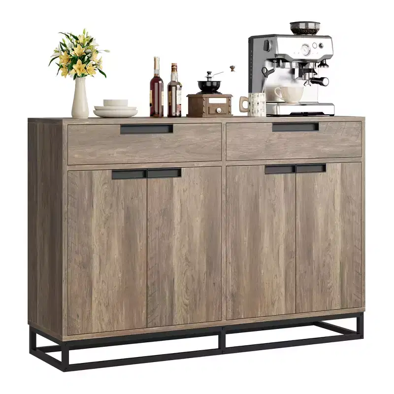 55 Sideboard Credenza  Modern Buffet Storage Cabinet with 4 Doors & Metal Base, Adjustable Shelves  Accent Coffee Bar Table for Dining Room