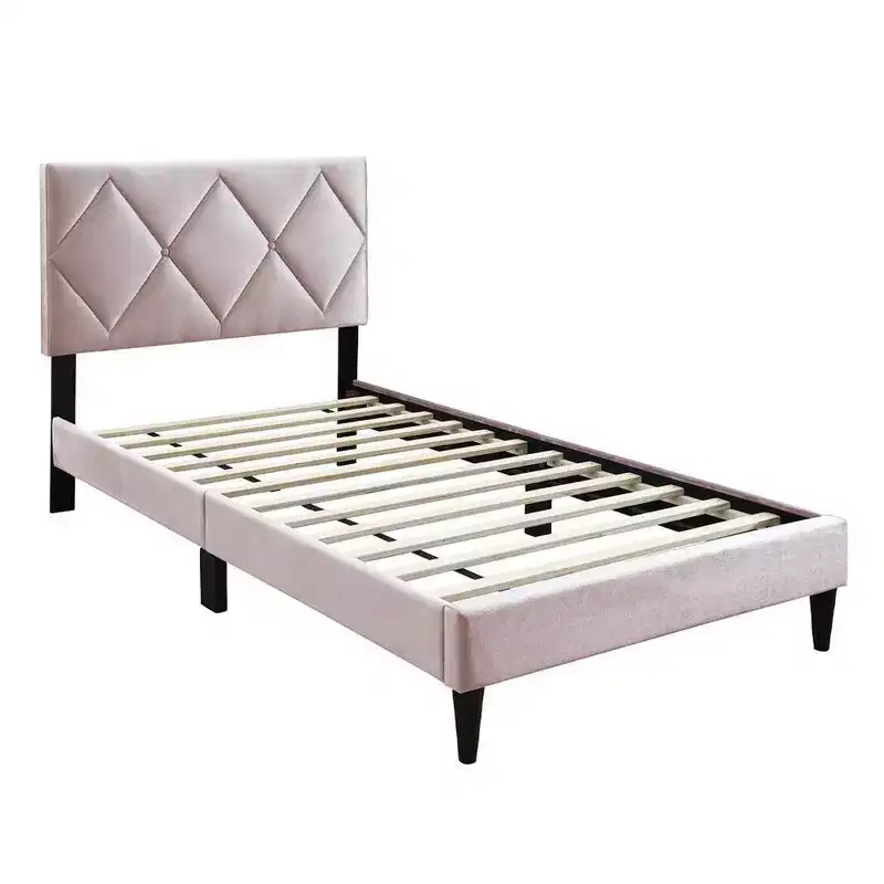 Twin Bed with Tufted Light Pink Velvet Upholstery & Diamond Stitch Headboard