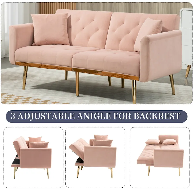 Velvet Upholstered Tufted Loveseats Sleeper Sofa With Rose Golden Legs