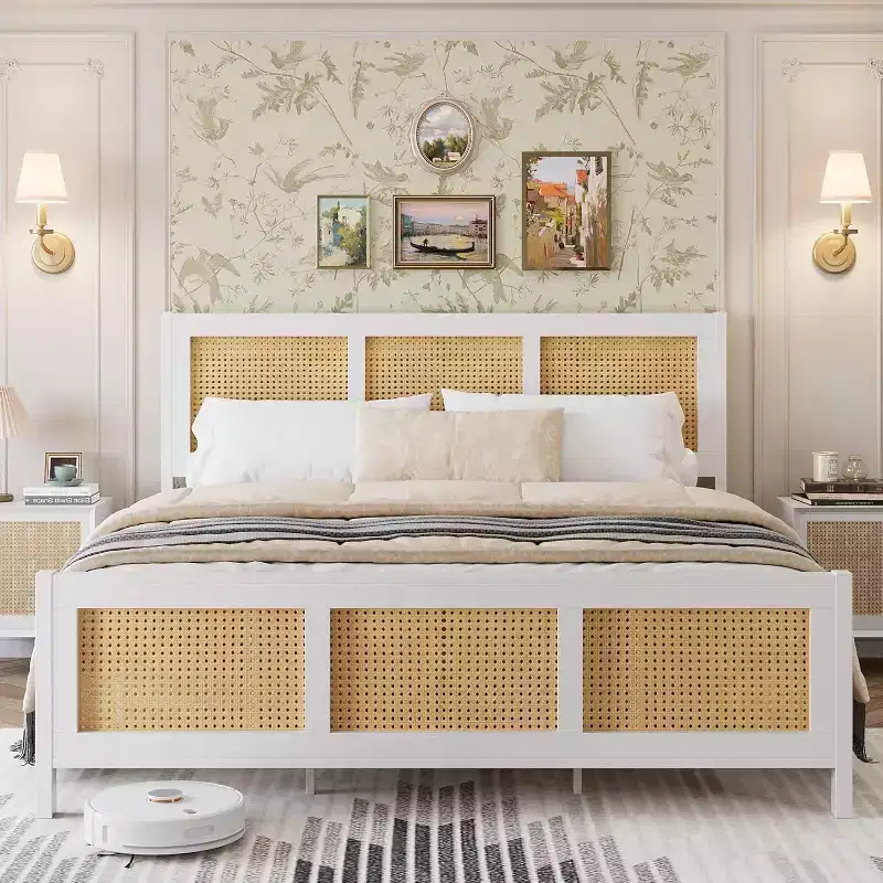 Queen Rattan Bed Frame with Headboard, White/Natural Platform Bed with Metal Slats, 14 Storage Space, No Box Spring Needed