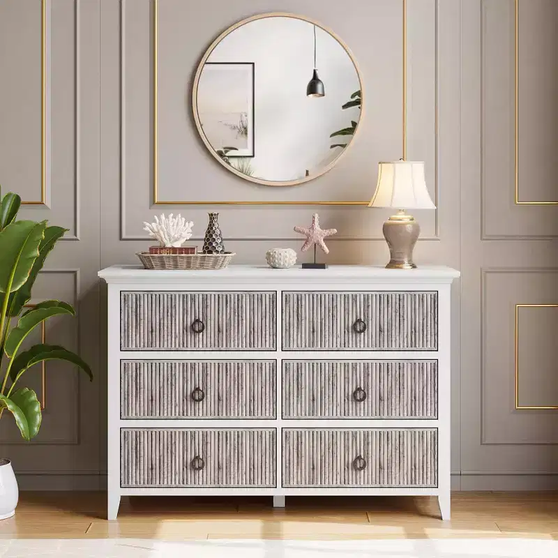Fluted Dresser,6 Drawer Dresser for Bedroom, Modern Waveform Panel Closet Dressers Chest with Circle Black Handle, 47.2 Wide Wood Storage Organizer