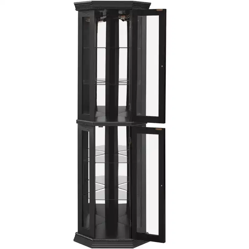 Lighted Corner Curio Cabinet - Glass Display Shelf with Tempered Glass Doors, Adjustable Shelving- Ideal Bar Cabinet for Home Decor-BLACK