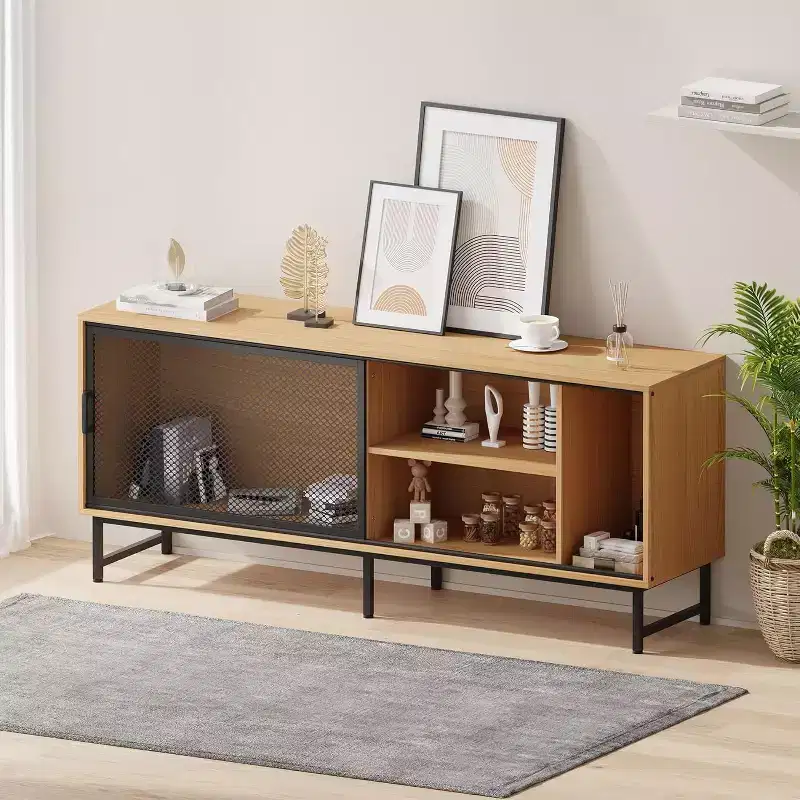 ndustrial TV Stand with Metal Mesh Sliding Doors, Modern Wood TV Cabinet Sideboards with Metal Legs, Cable Management Holes, Ample Storage Space