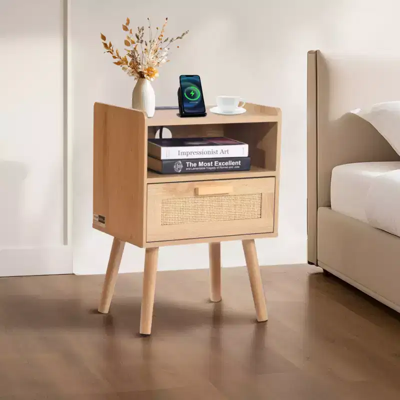 Rattan Nightstand, Boho Bedside Table with Drawer Open Shelf, Rattan End Table with Solid Wood Legs, Natural