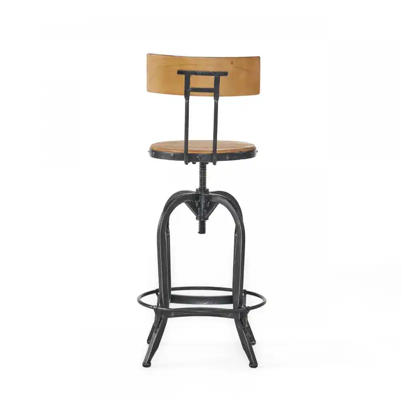 Barstool With Adjustable Height, Fir Wood Seat, Metal Frame