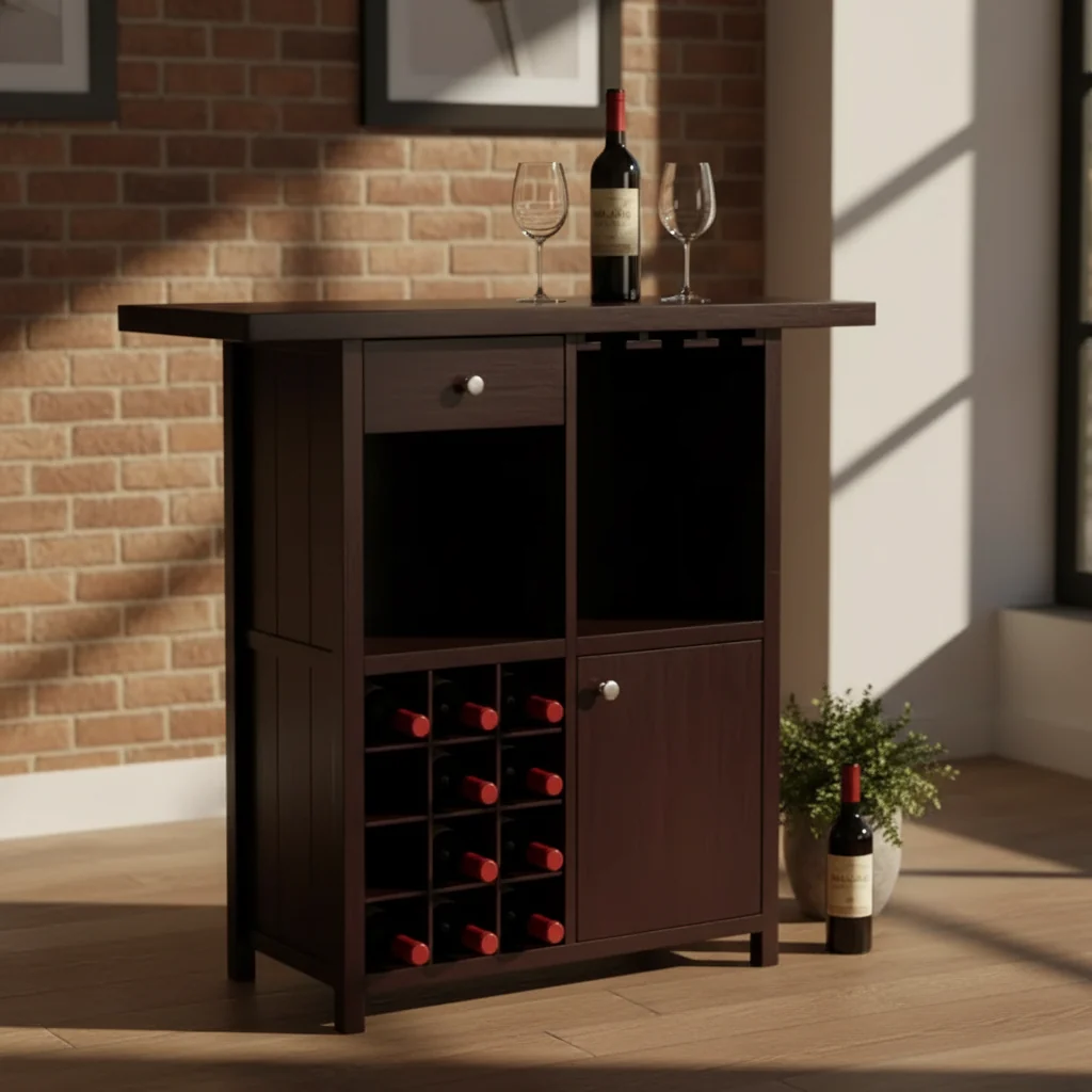 Wine Bar Cabinet Espresso with 12-Bottle Rack Stemware Holder and Drawer
