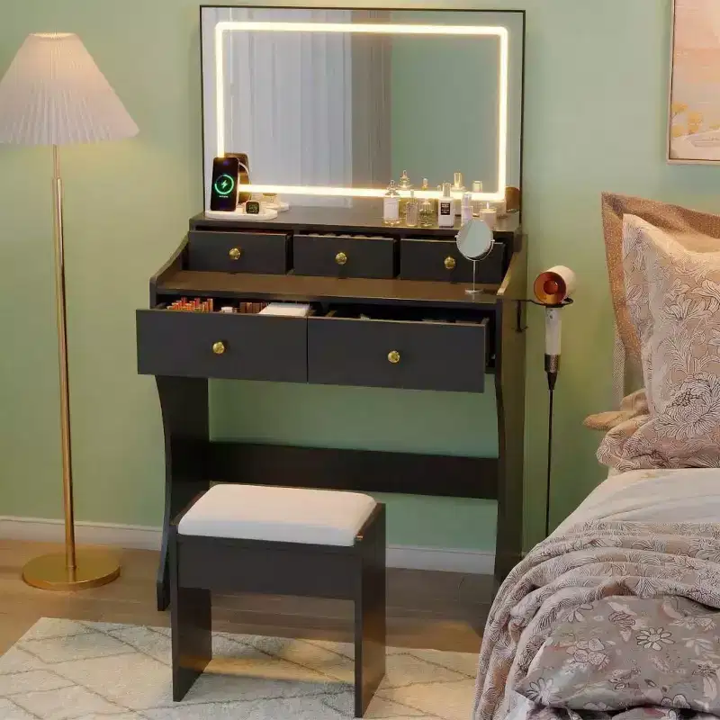 31.5-Inch Wide Vanity with Cushioned Stool - Dressing Table Featuring Power Outlet, Hair Dryer Holder & 5 Drawers