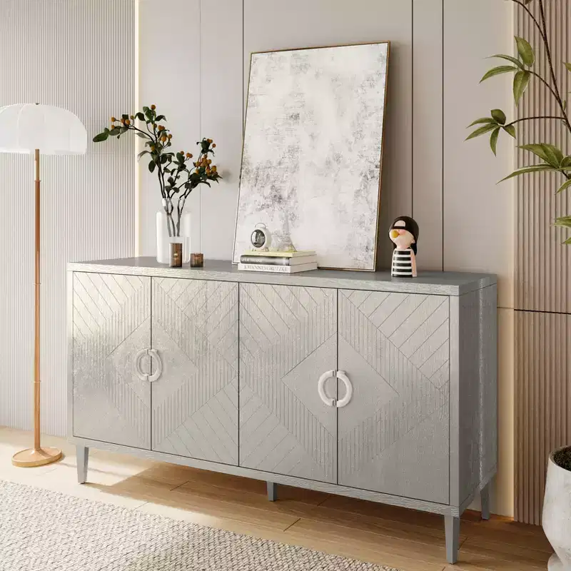 Sideboard Cabinet with 4 Carved Line Doors, Pine Legs, Zinc Alloy Semi-Circular Handles, Buffet Server Console for Living Room