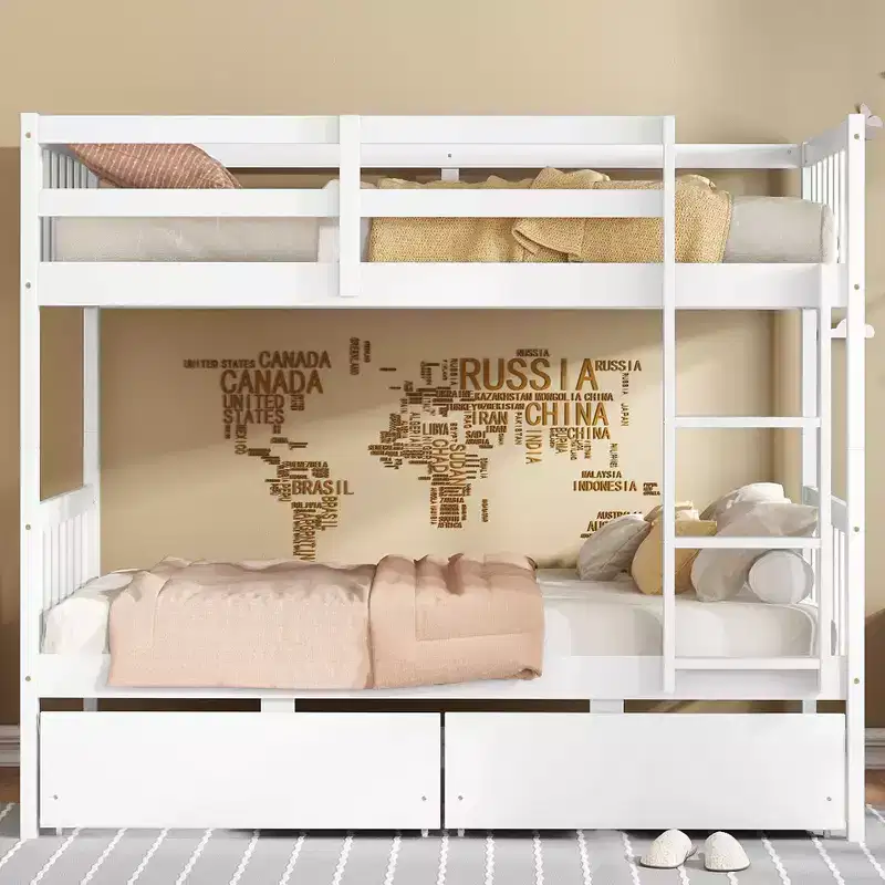 77.3IN Twin-Over-Twin Bunk Bed with 2 Storage Drawers, Mutifunction Bed Frames can Convertible into 2 Twin Beds for Bedroom, Kids Room, White