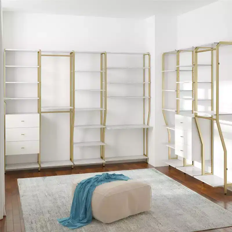 Closet Organizer with Hanging Rods, White Faux Marble & Golden Bronze Finish