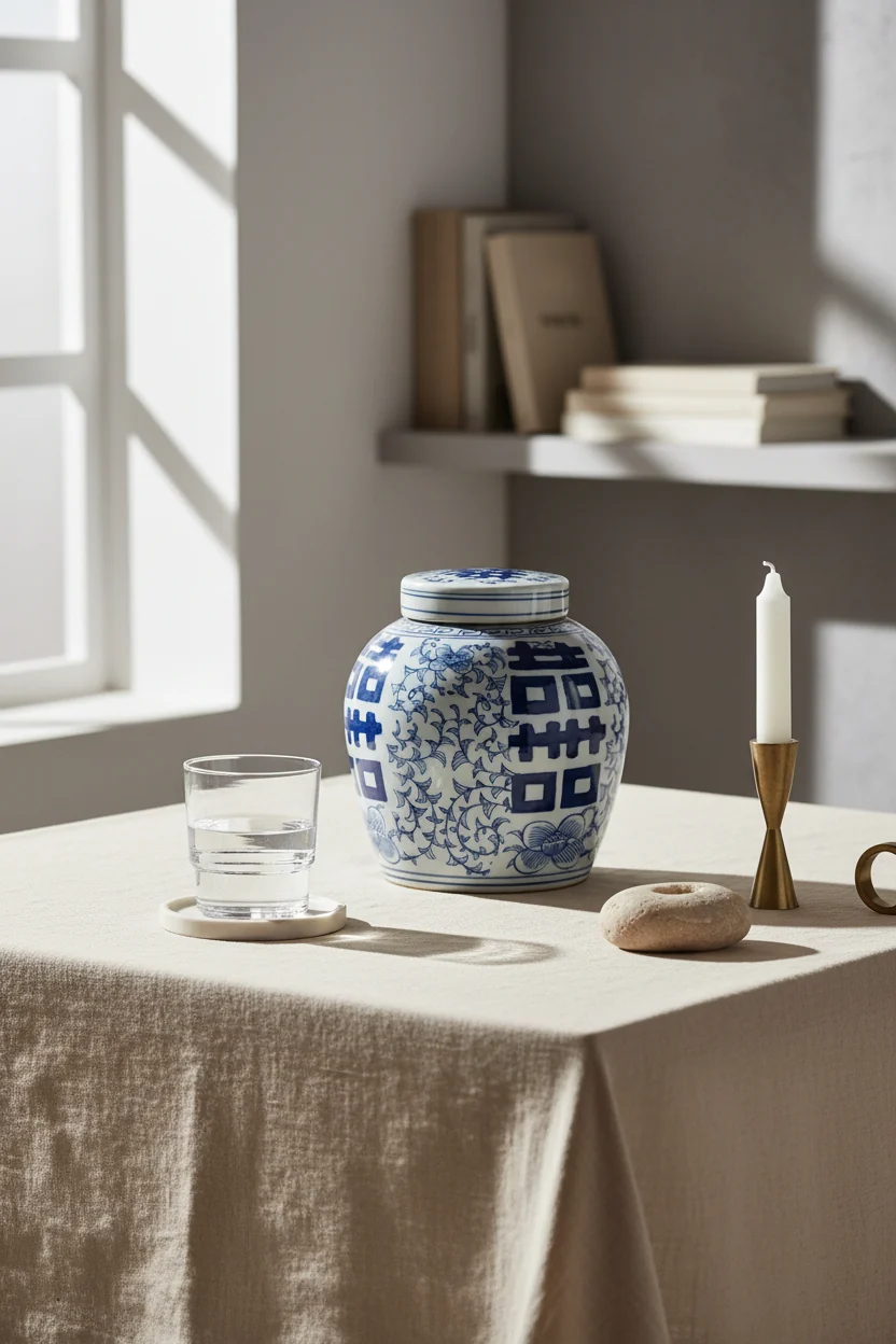 Oriental Porcelain Temple Jar with Double Happiness Floral Painting for Living Room & Study