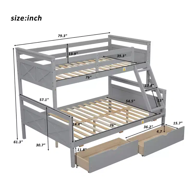 Solid Wood Twin over Full Bunk Bed with Two Storage Drawer, Removable Ladder and Safety Guardrail, Convertible to 2 Separated beds