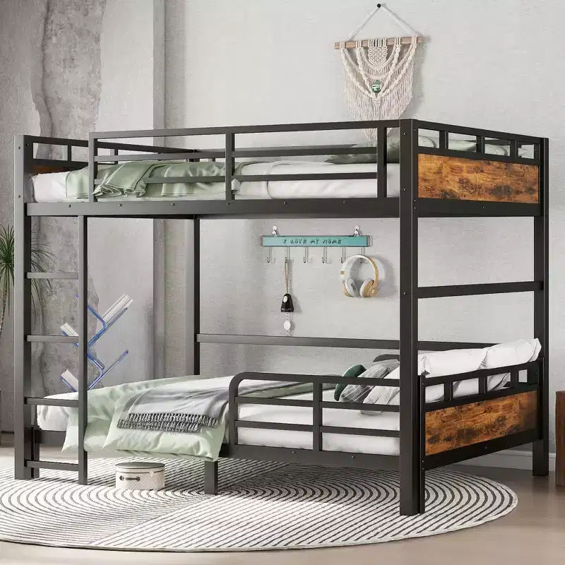 Full XL over Full XL Metal Bunk Bed/Metal Loft Bed and Metal Platform Beds,with Raised Security Fence,Vintage Wood-colored