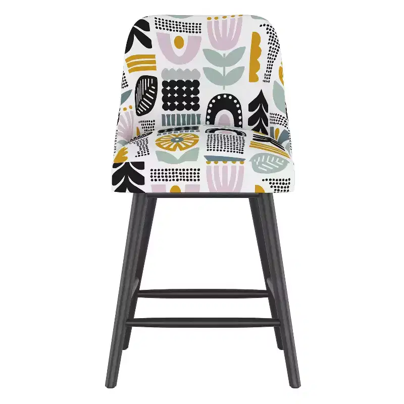 Counter Height Barstool, Botanical Lavender Print, Upholstered, Rubberwood Frame, 27