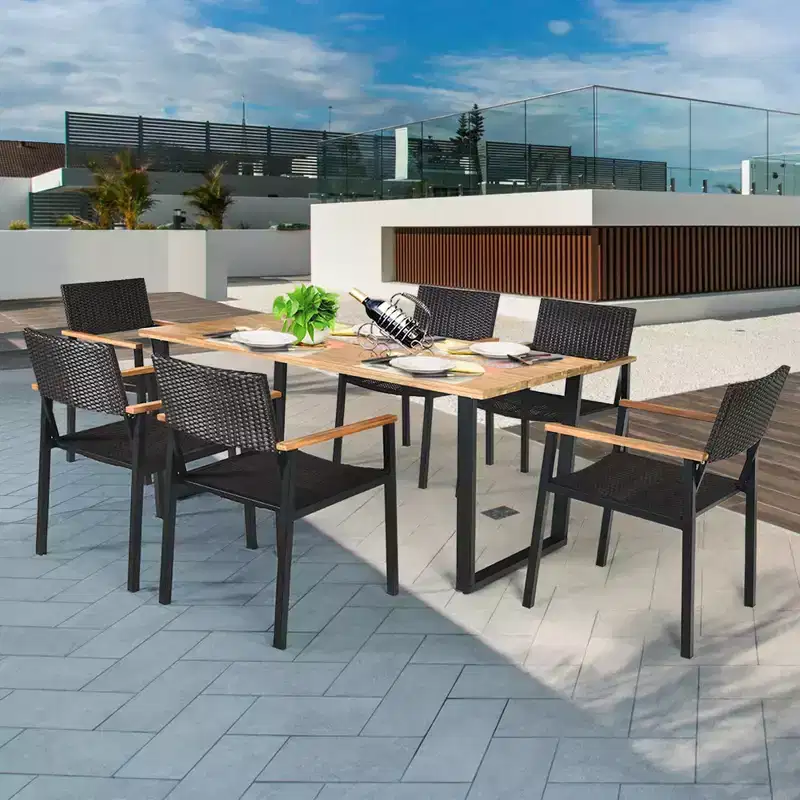 Costway 7PCS Patio Rattan Patented Dining Chair Table Set Solid Wood Frame Umbrella Hole
