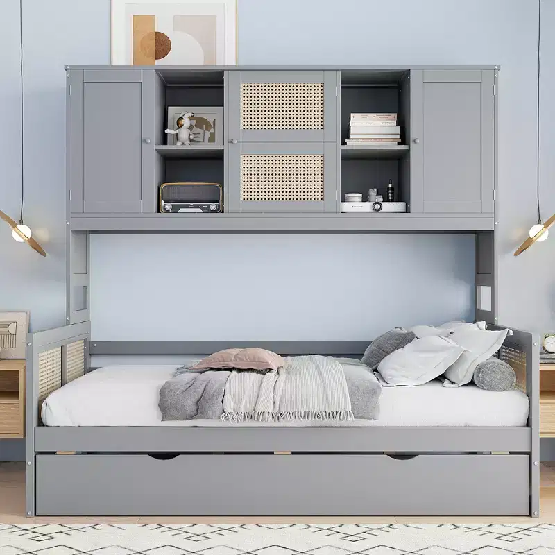 Twin/Full Size Wooden Daybed with Trundle, Built in Storage Cabinet & Shelves, Multifunctional Bed Frame for Kids & Guests, White/Gray