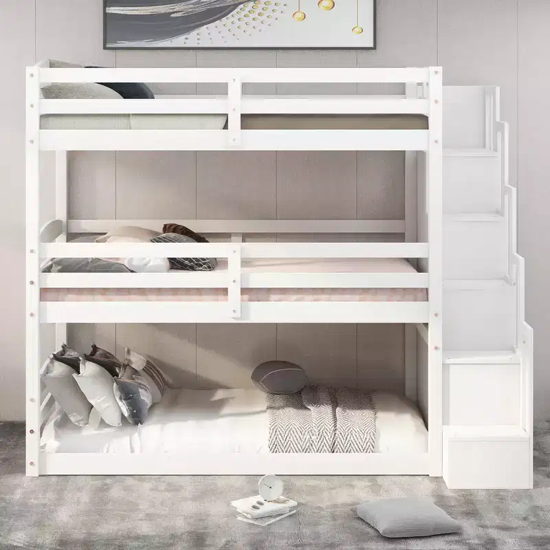 Twin Size Triple Bunk Bed with Storage Staircase, Convertible 3-in-1 Wooden Bunk Bed Frame with Safety Rails, White -