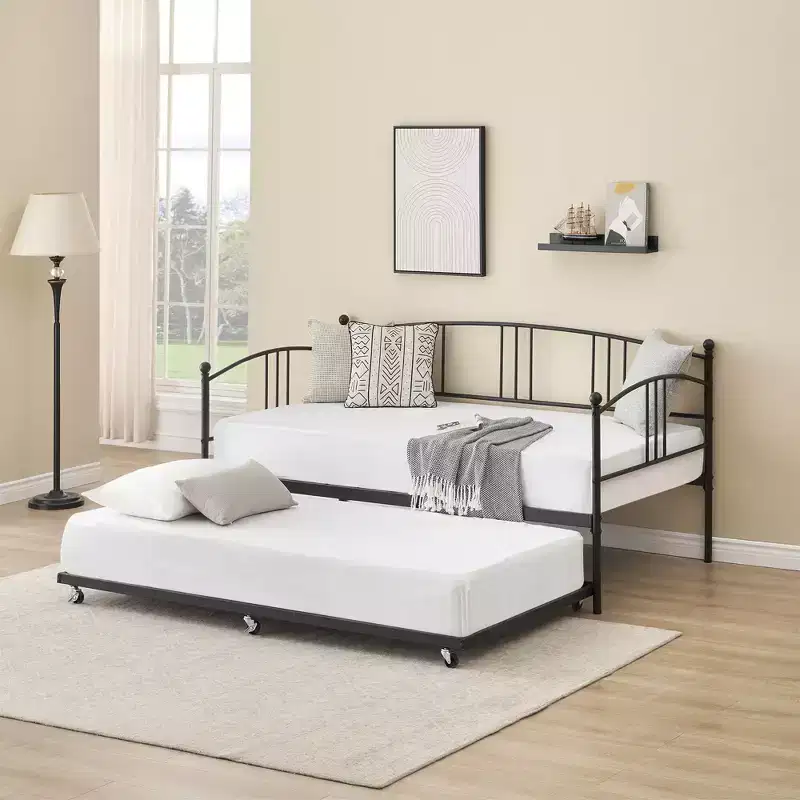 Coolmee Twin Size Metal Daybed with Trundle, Pull Out Trundle Bed Frame with Arched Headboard, Guest Sofa Bed with Steel Slat Support