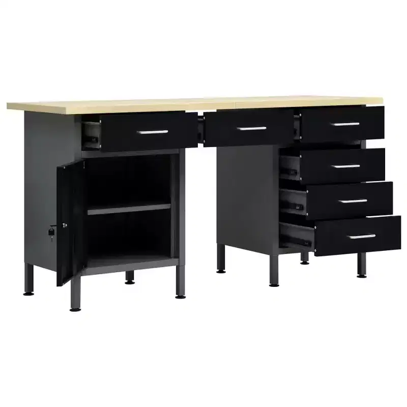 Black Steel Workbench with Cabinet & 6 Drawers, 63