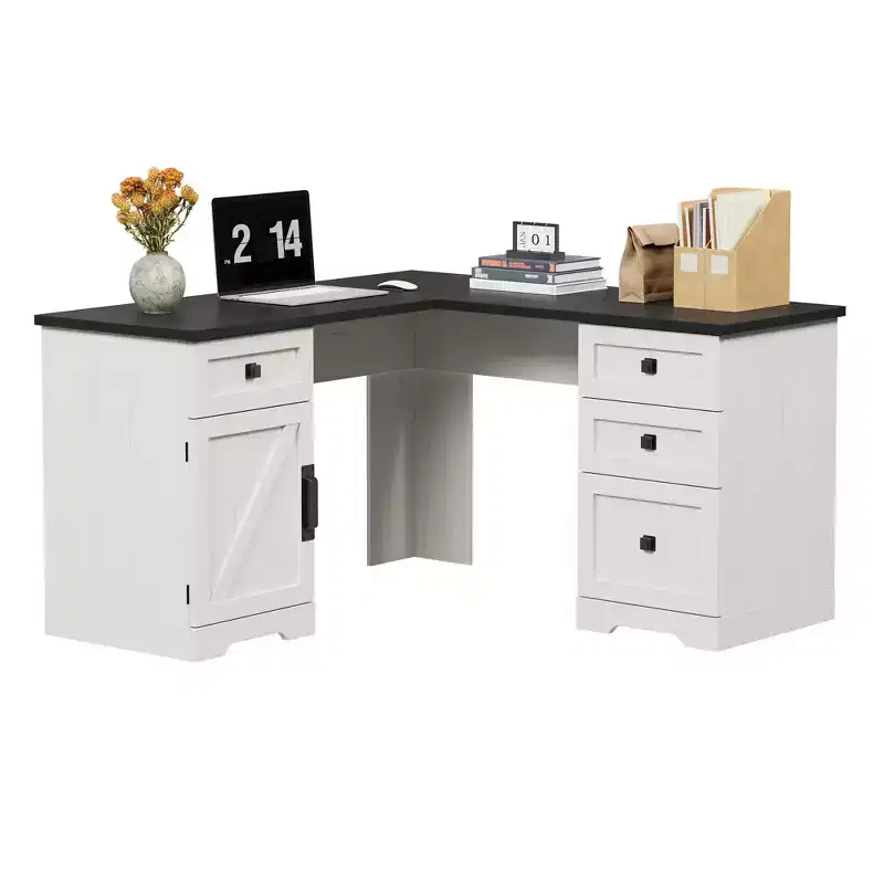 L-Shaped Executive Desk 60 Inch, Farmhouse Office Corner Desk with File Drawers & Adjustable Storage Cabinet, for Home Office or Study